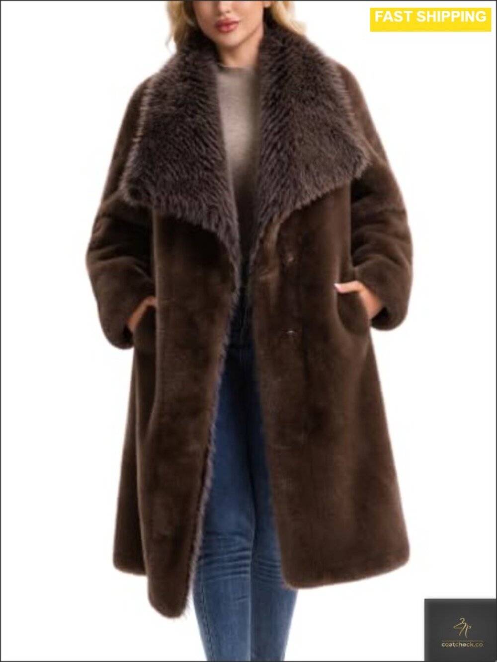 Long Faux Fur Coat Lapel Fluffy Jacket Winter Warm